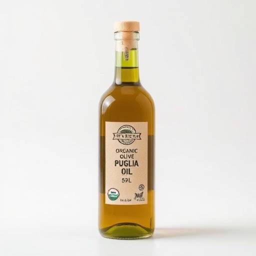 Bottiglia di olio extravergine d'oliva biologico prodotto in Puglia