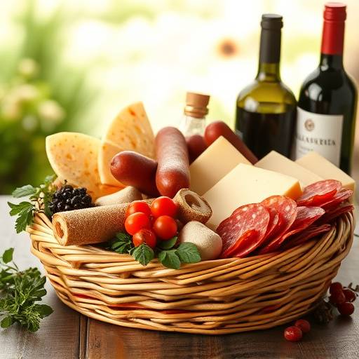 Cesto di prodotti tipici toscani con formaggio pecorino, salumi e vino Chianti