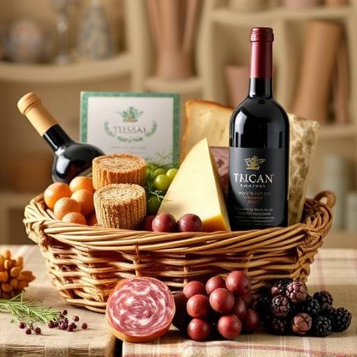 Cesto di prodotti tipici toscani con vino Chianti, formaggio pecorino e salumi