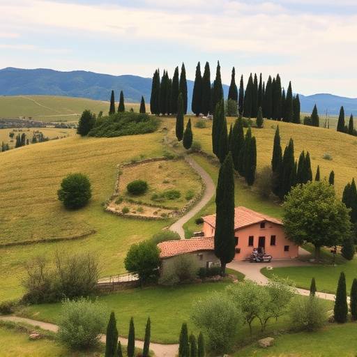 Paesaggio toscano con colline, cipressi e un casale