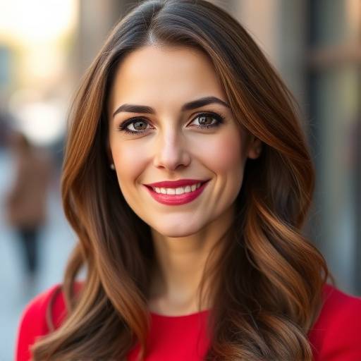 Ritratto di Giulia Bianchi, co-fondatrice e responsabile marketing di Mercato Italiano Autentico, con capelli castani e vestito rosso.