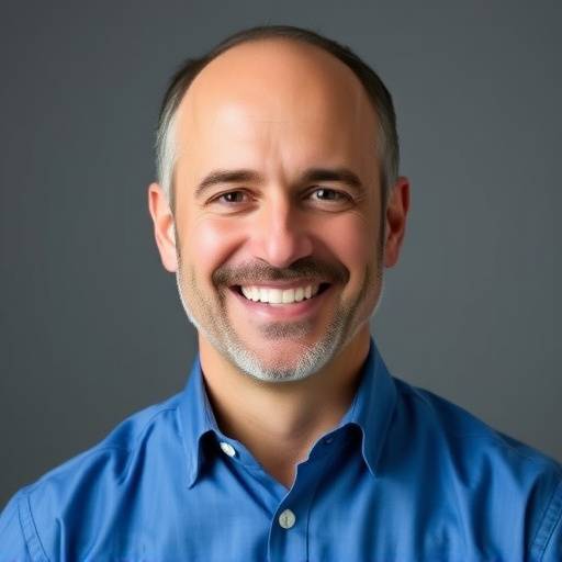 Ritratto di Marco Rossi, co-fondatore e CEO di Mercato Italiano Autentico, sorridente con camicia blu.